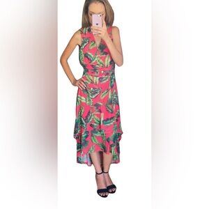 Hot Pink Palm Leaves Layered Midi Dress Size S